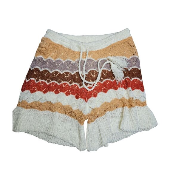 POL Colorful Knit High-Waisted Drawstring Tie Lined Retro Boho Shorts Women S - Picture 1 of 6